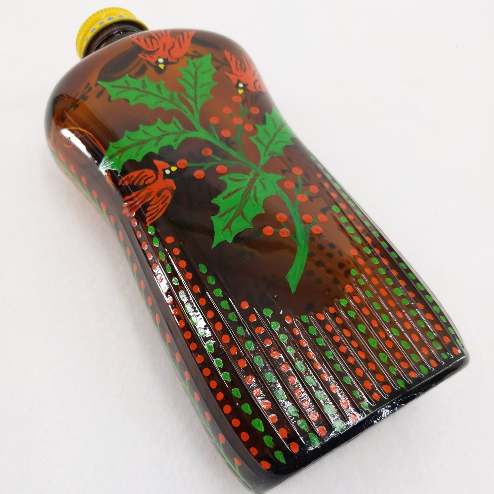 Vintage Amber Glass Lysol Bottle Folk Art Hand Painted Cardinal Holly Holiday‎